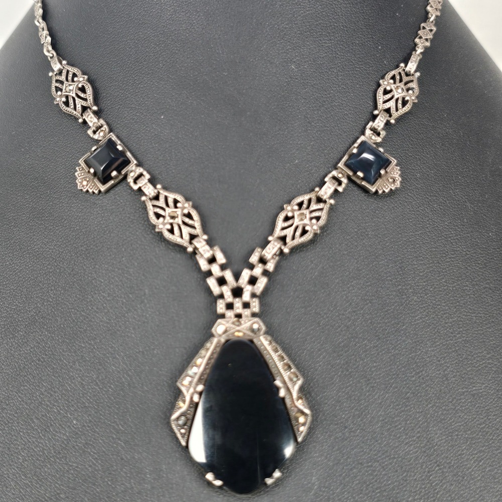 Ornate Sterling Silver Black Onyx Marcasite Art Deco Filigree Statement Necklace